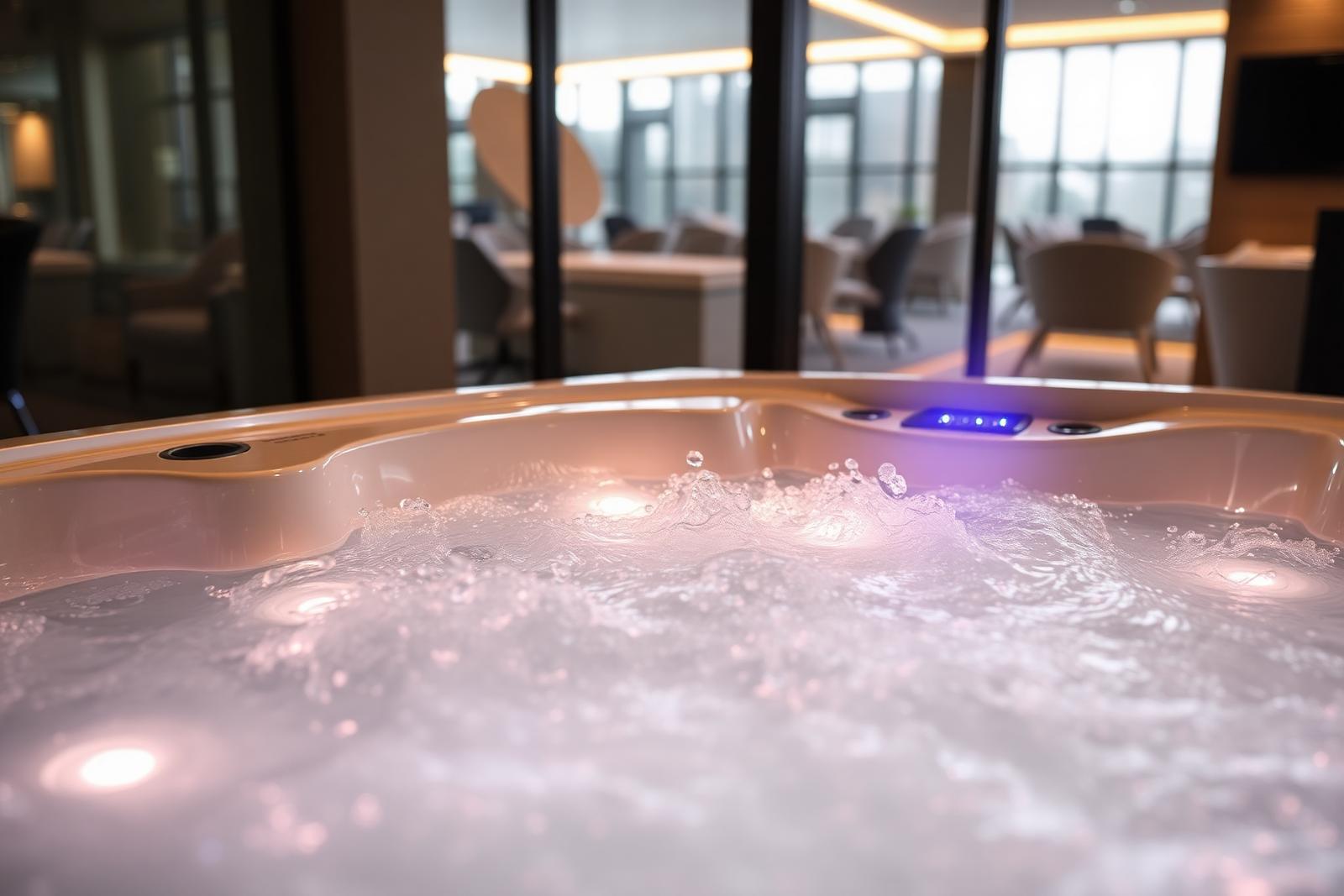 Befüllter Whirlpool mit LED-Beleuchtung und sprudelnden Massagedüsen im Showroom