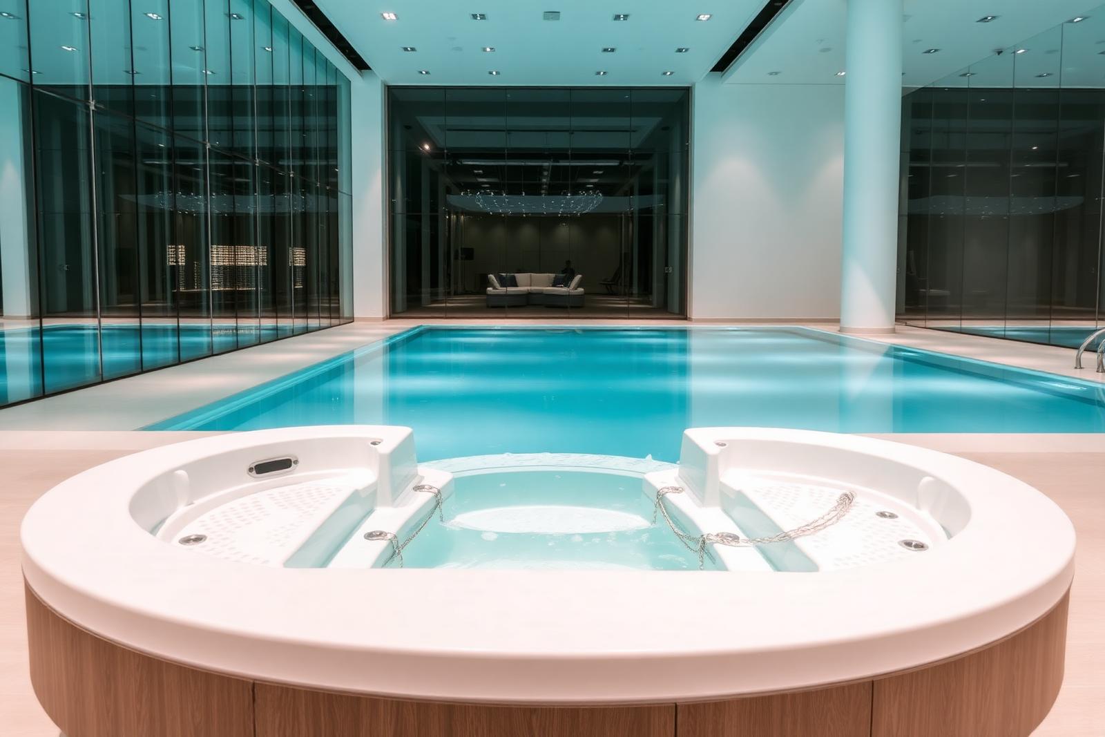 Swim Spa mit türkisfarbenem Wasser in der Ausstellung von GRAND WHIRLPOOLS