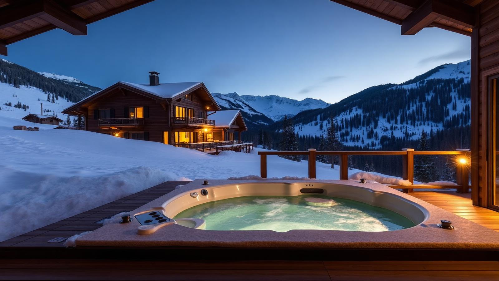 Chalet mit grossem Whirlpool auf der Terrasse vor verschneiten Bergen